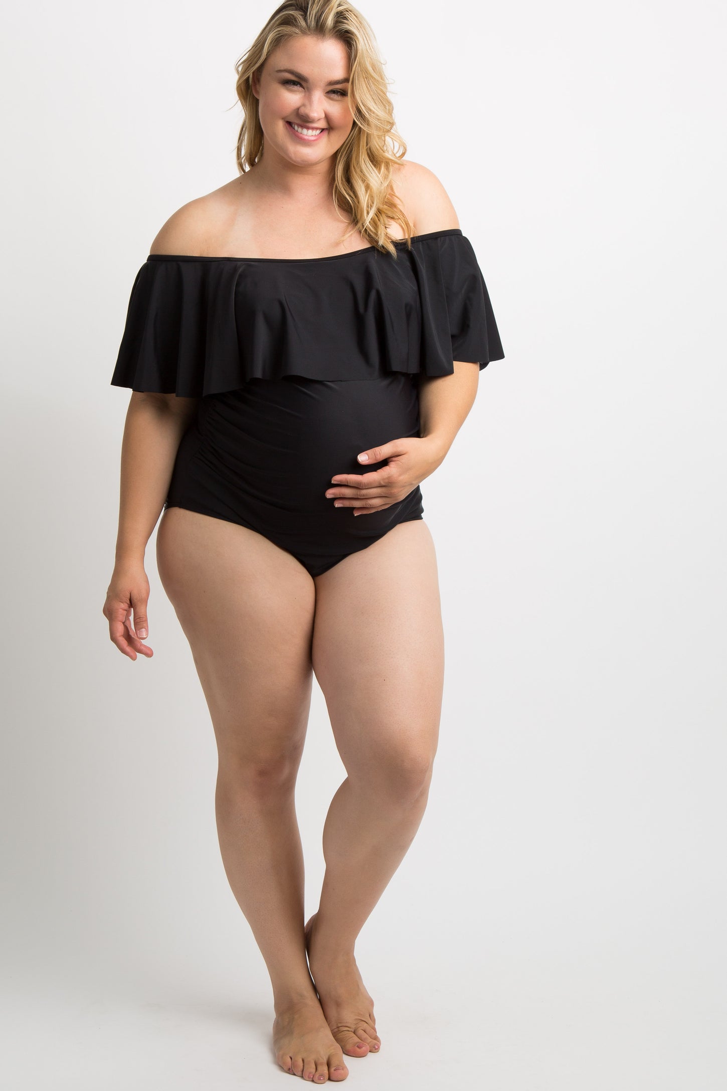 PinkBlush Black Ruffle Trim Ruched One-Piece Maternity Plus Swimsuit
