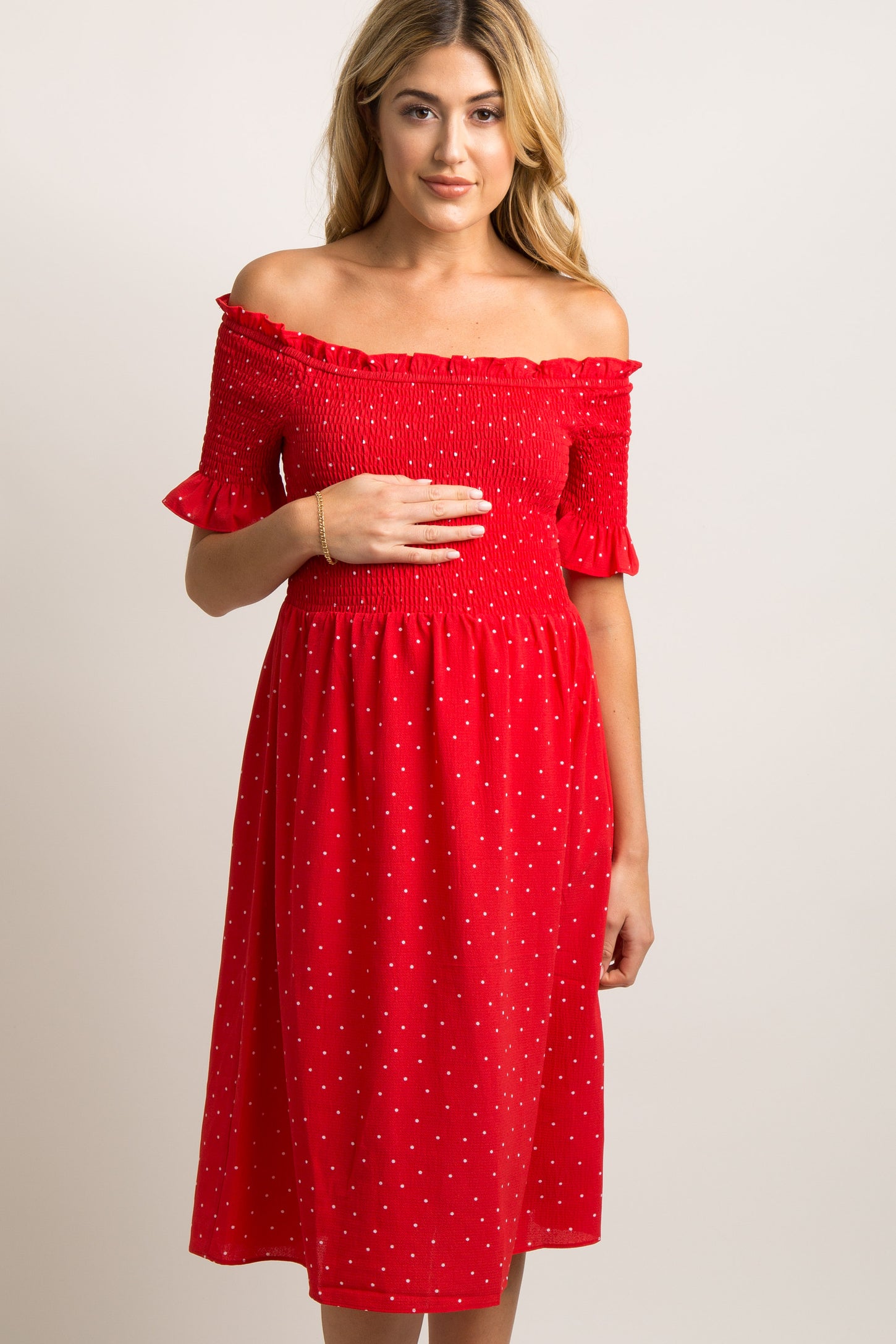 Red Polka Dot Smocked Maternity Midi Dress