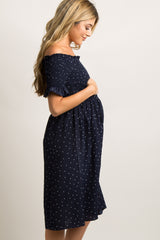 Navy Polka Dot Smocked Maternity Dress