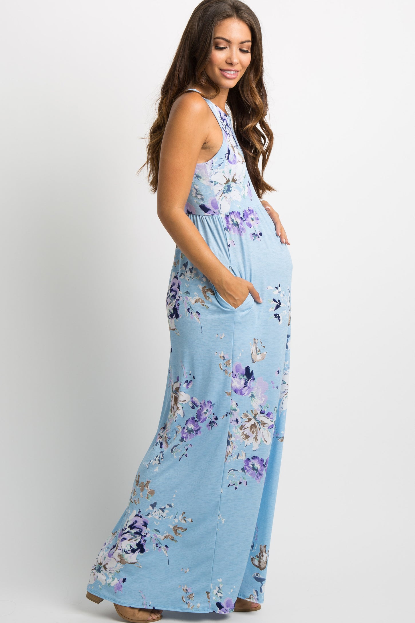 aqua floral sleeveless maxi dress Aqua Blu Claudette Sleeveless Square-Neck Floral Maxi Dress