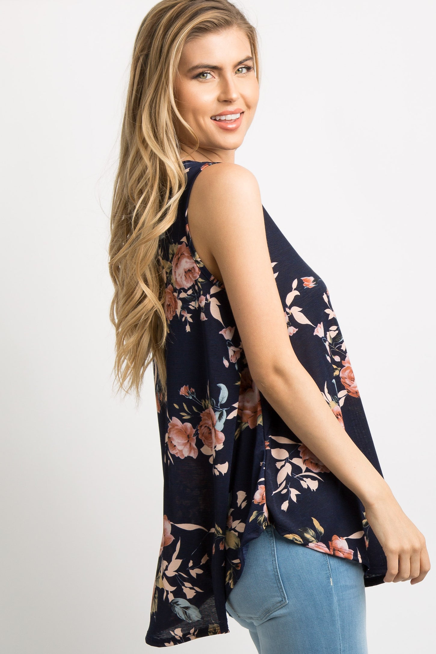 Navy Blue Floral Sleeveless Top