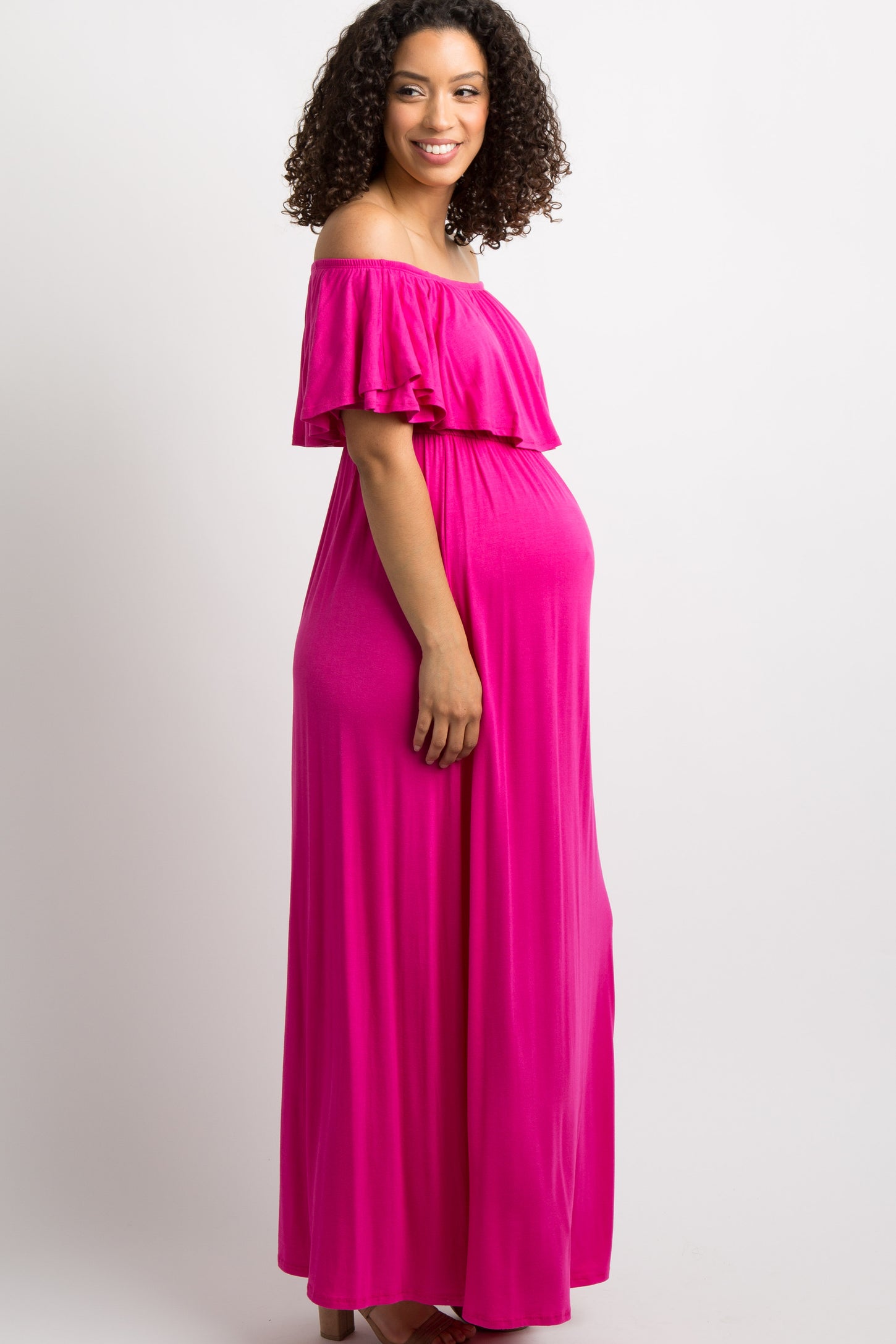 Fuchsia Off Shoulder Ruffle Trim Maternity Maxi Dress