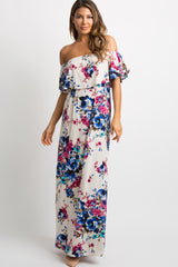 PinkBlush Ivory Floral Ruffle Off Shoulder Maternity Maxi Dress