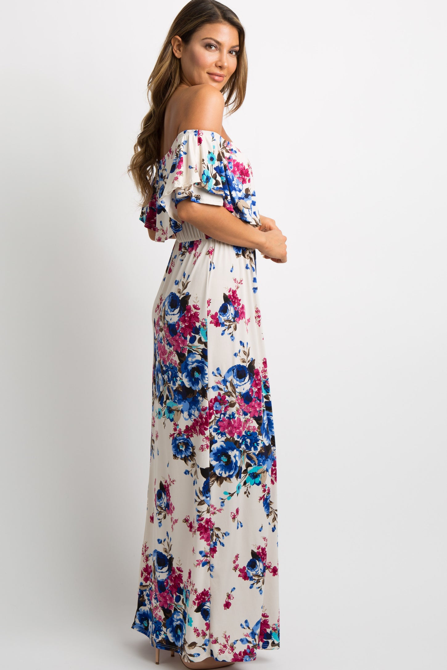 PinkBlush Ivory Floral Ruffle Off Shoulder Maxi Dress