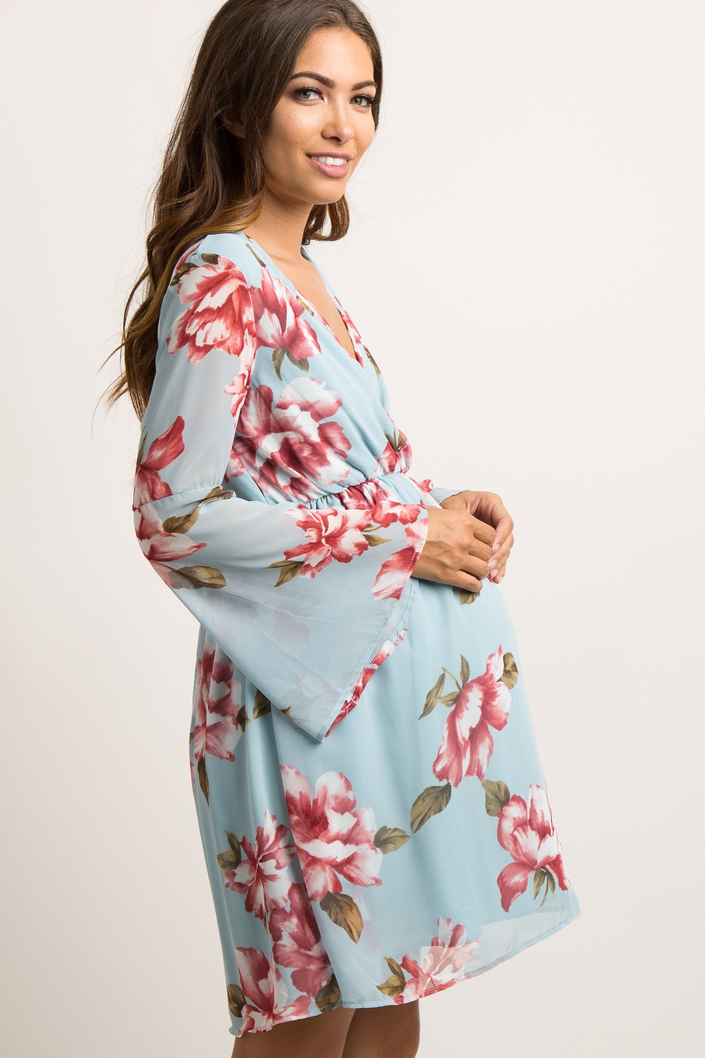 PinkBlush Light Blue Floral Chiffon Wrap Maternity Dress