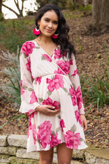 PinkBlush Ivory Floral Chiffon Wrap Maternity Dress