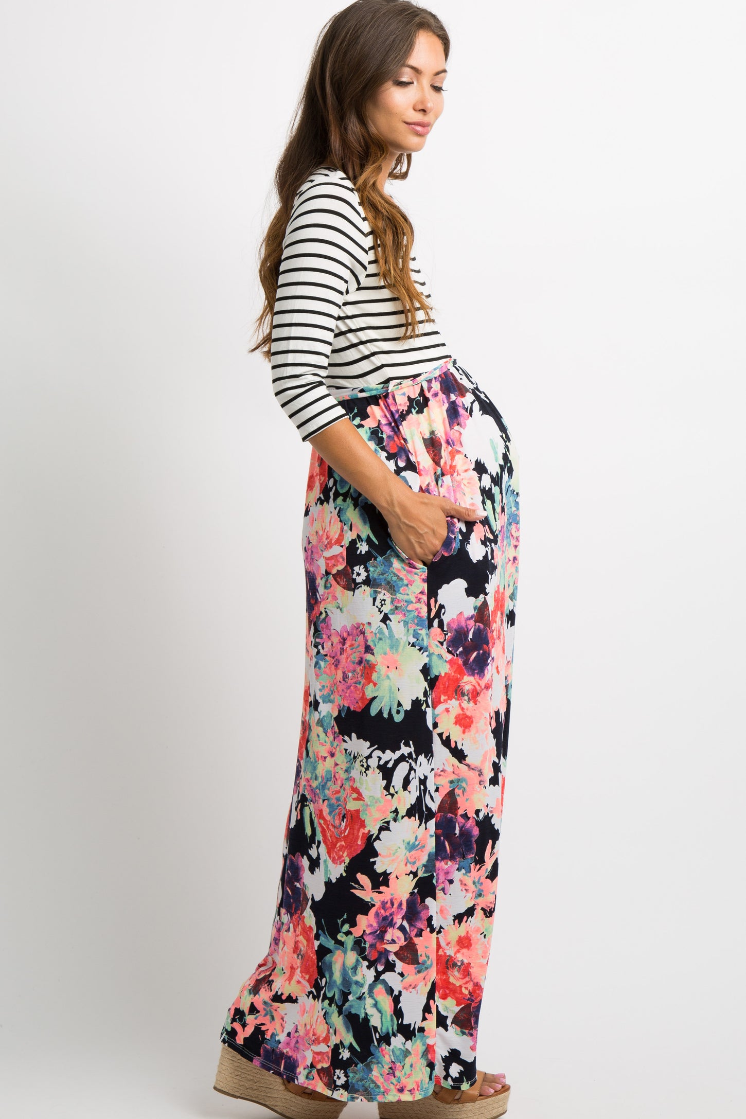 PinkBlush Navy Blue Neon Floral Striped Colorblock Maternity Maxi
