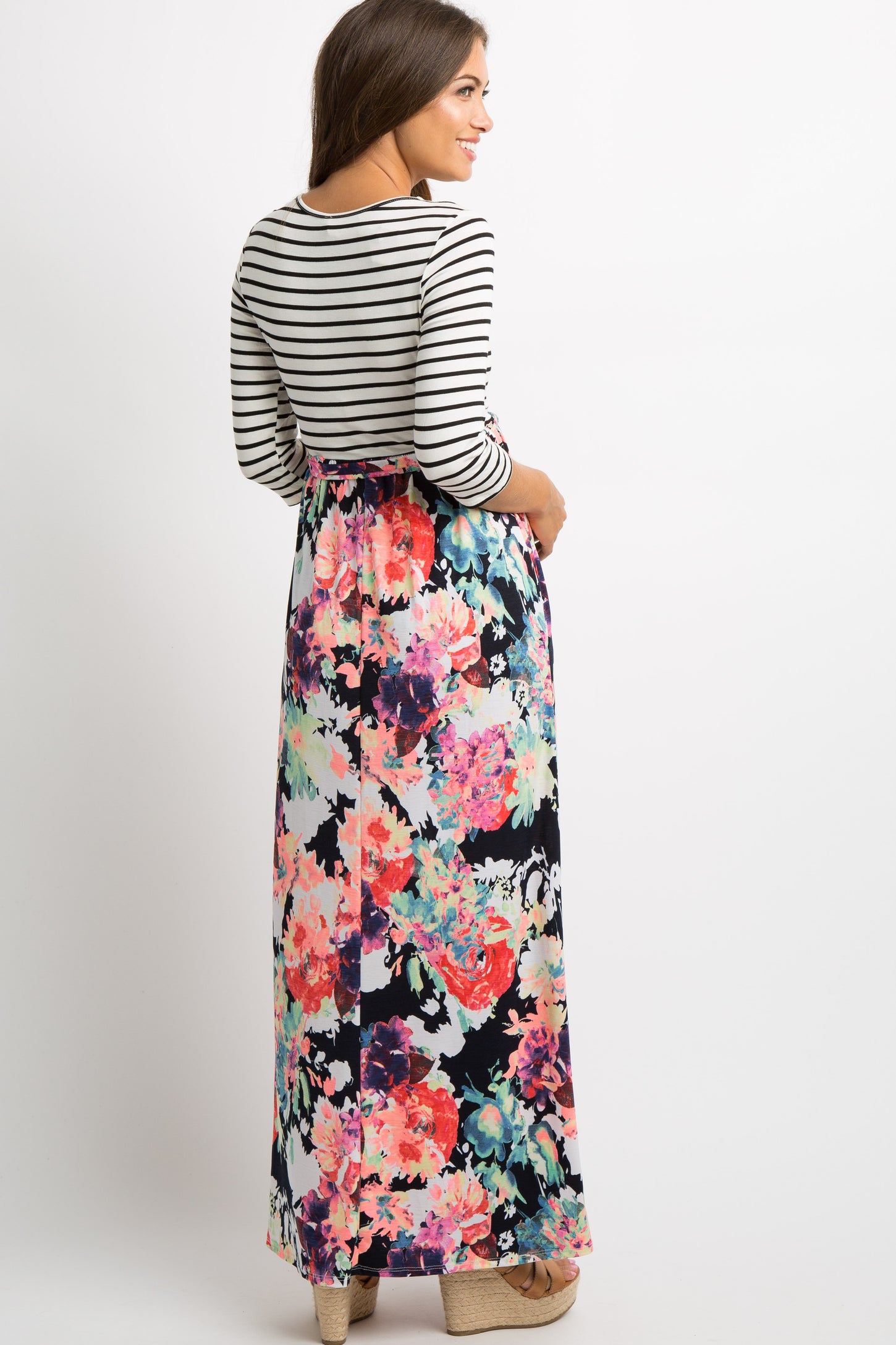 PinkBlush Navy Blue Neon Floral Striped Colorblock Maternity Maxi