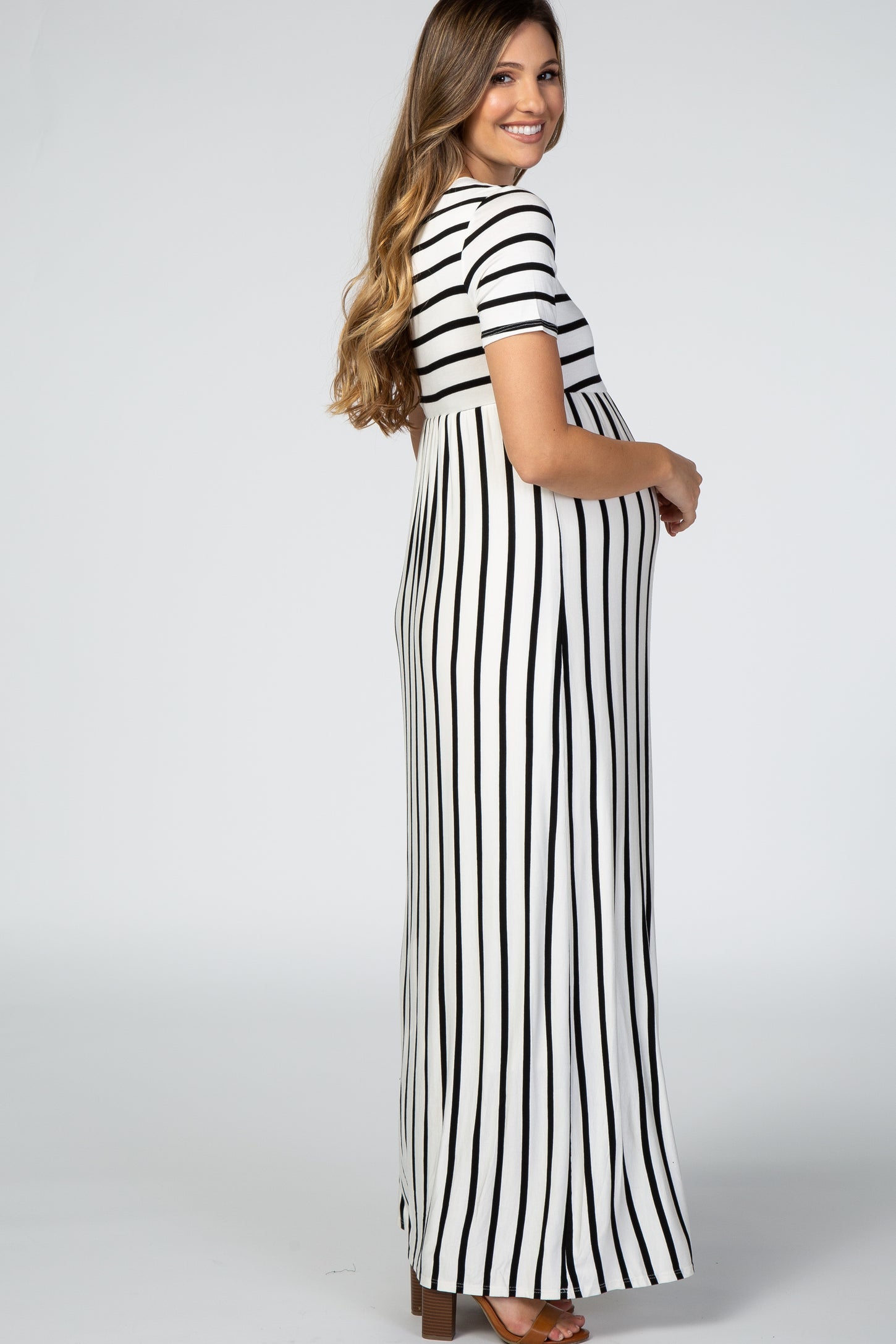 Black Striped Short Sleeve Maternity Maxi Dress