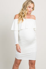 White Ruffle Trim Off Shoulder Fitted Maternity Dress