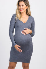 Grey Metallic Fitted Long Sleeve Maternity Dress