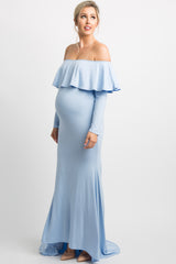 PinkBlush Light Blue Off Shoulder Ruffle Maternity Photoshoot Gown/Dress