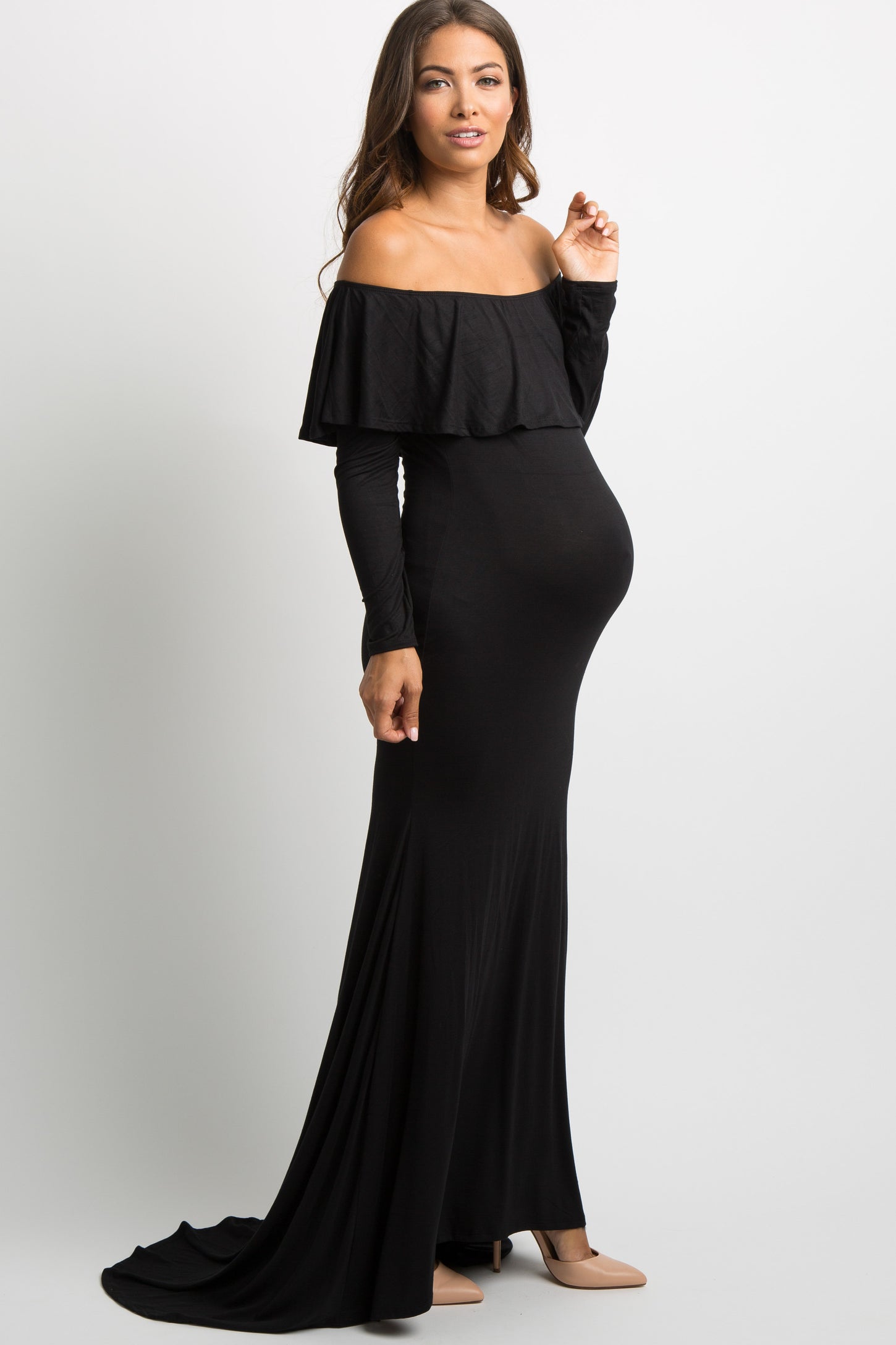 off shoulder ruffle maternity dress Orange Off Shoulder Side Slit Ruffle Photoshoot Maternity Maxi Dress