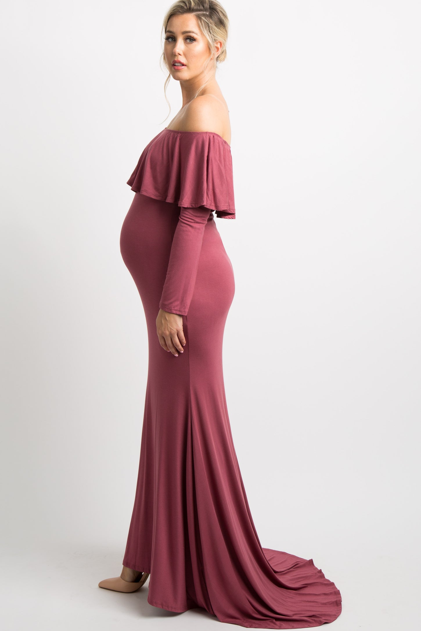 PinkBlush Dark Mauve Off Shoulder Ruffle Maternity Photoshoot Gown/Dre