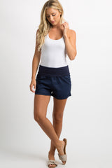 Navy Blue Foldover Linen Shorts