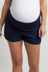 Navy Blue Foldover Linen Maternity Shorts