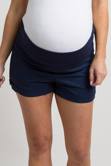 Navy Blue Foldover Linen Maternity Shorts