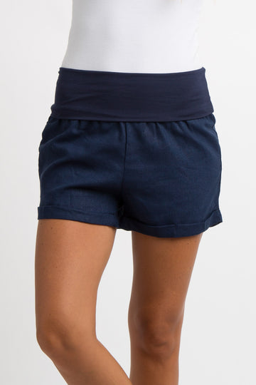 Navy Blue Foldover Linen Shorts