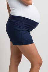 Navy Blue Foldover Linen Maternity Shorts