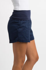 Navy Blue Foldover Linen Shorts
