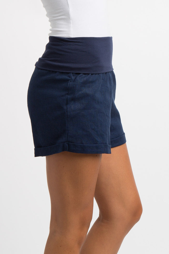 Navy Blue Foldover Linen Shorts