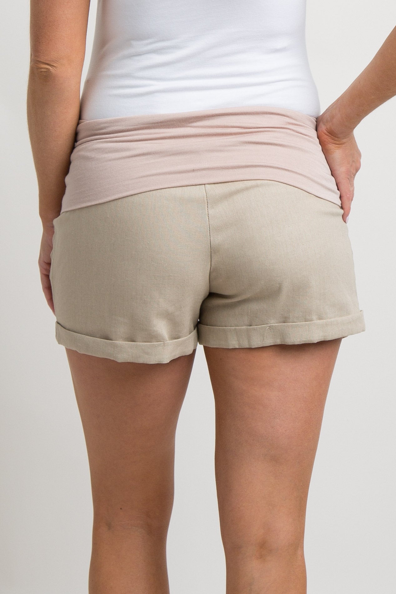 Taupe Foldover Linen Maternity Shorts