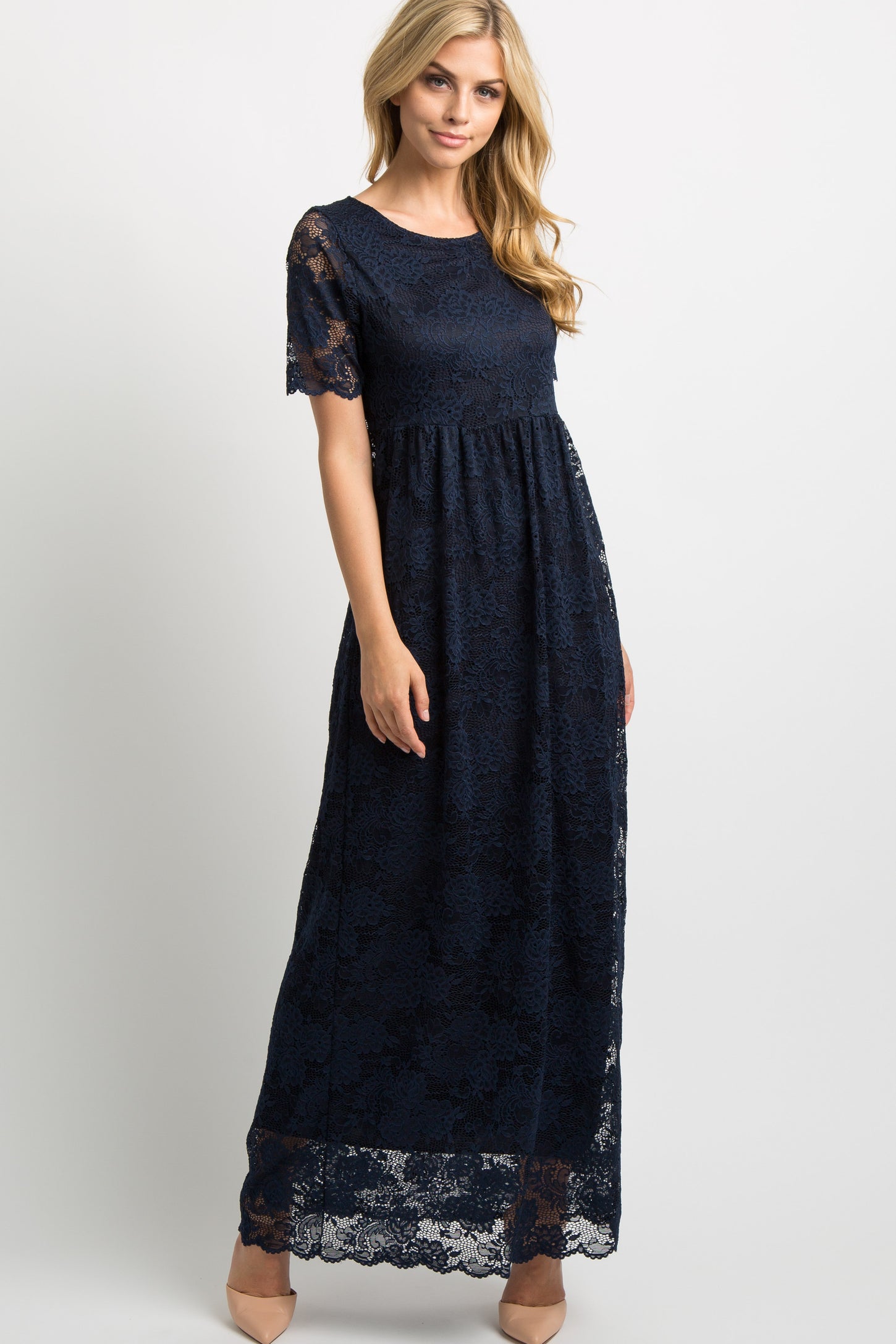 Navy Blue Lace Overlay Maxi Dress