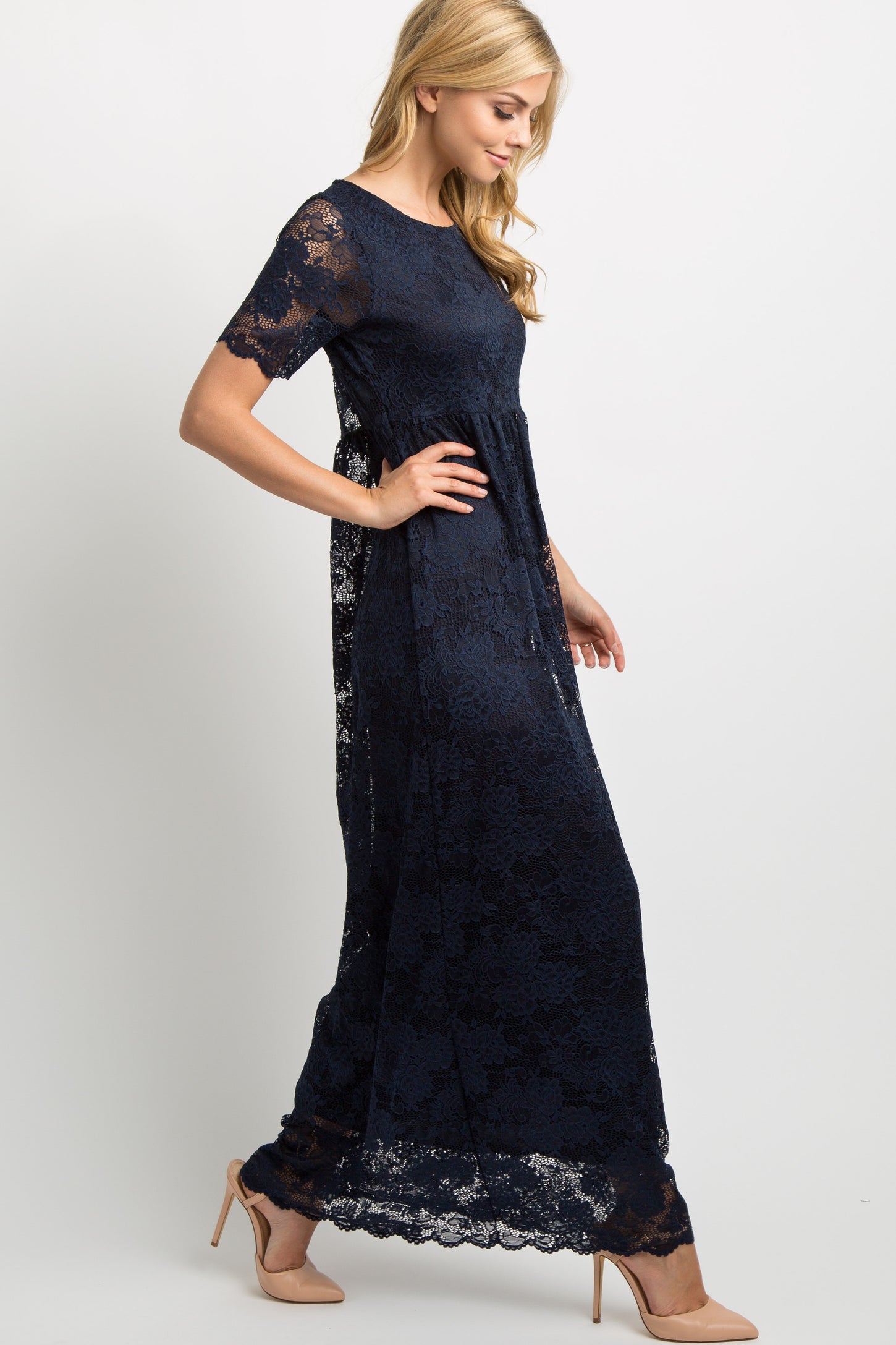 Navy Blue Lace Overlay Maxi Dress