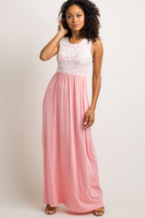 PinkBlush Light Coral Lace Overlay Top Maxi Dress