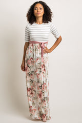 Ivory Striped Colorblock Floral Maternity Maxi Dress
