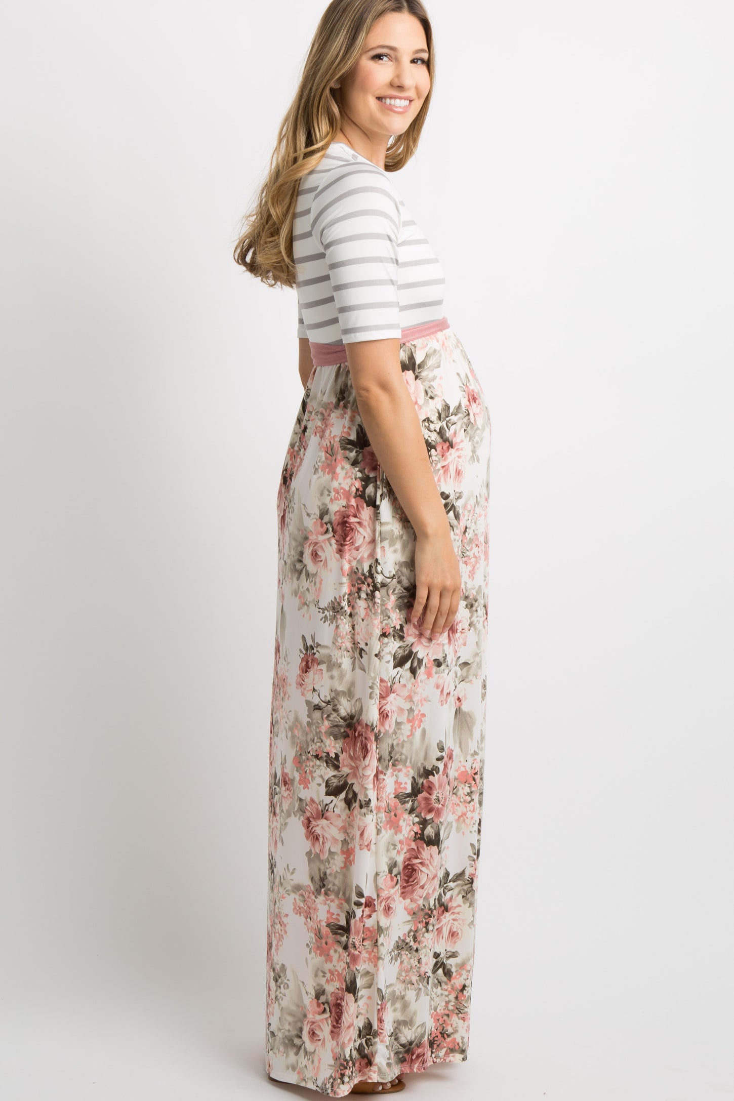 Ivory Striped Colorblock Floral Maternity Maxi Dress– PinkBlush