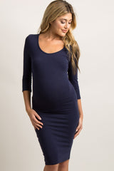 Navy Blue 3/4 Sleeve Fitted Maternity Dress