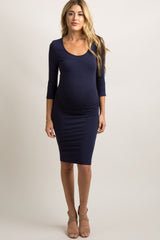 Navy Blue 3/4 Sleeve Fitted Maternity Dress