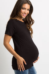 Black Solid Short Sleeve Maternity Top