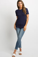 Navy Blue Solid Short Sleeve Top