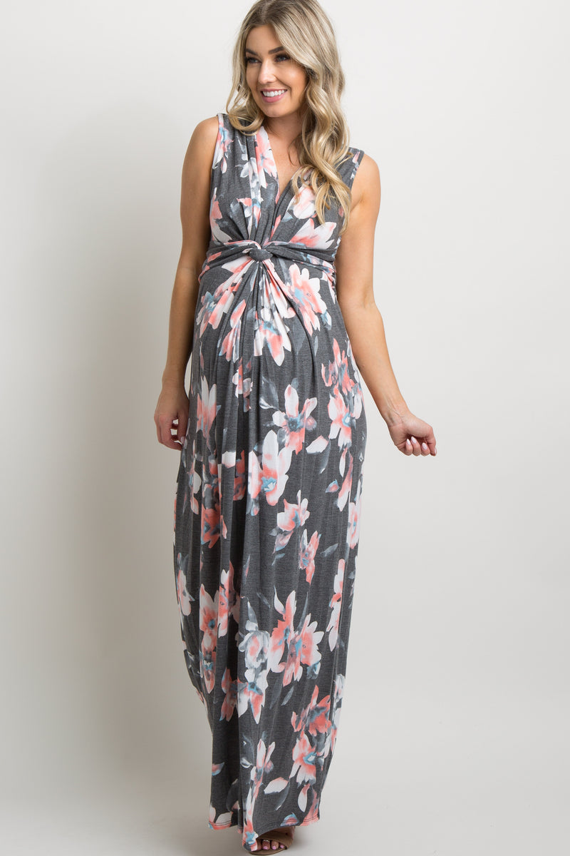 Charcoal Grey Floral Sleeveless Knot Front Maternity Maxi Dress – PinkBlush