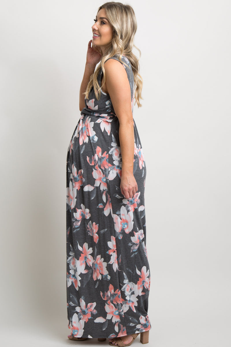 Charcoal Grey Floral Sleeveless Knot Front Maternity Maxi Dress – PinkBlush