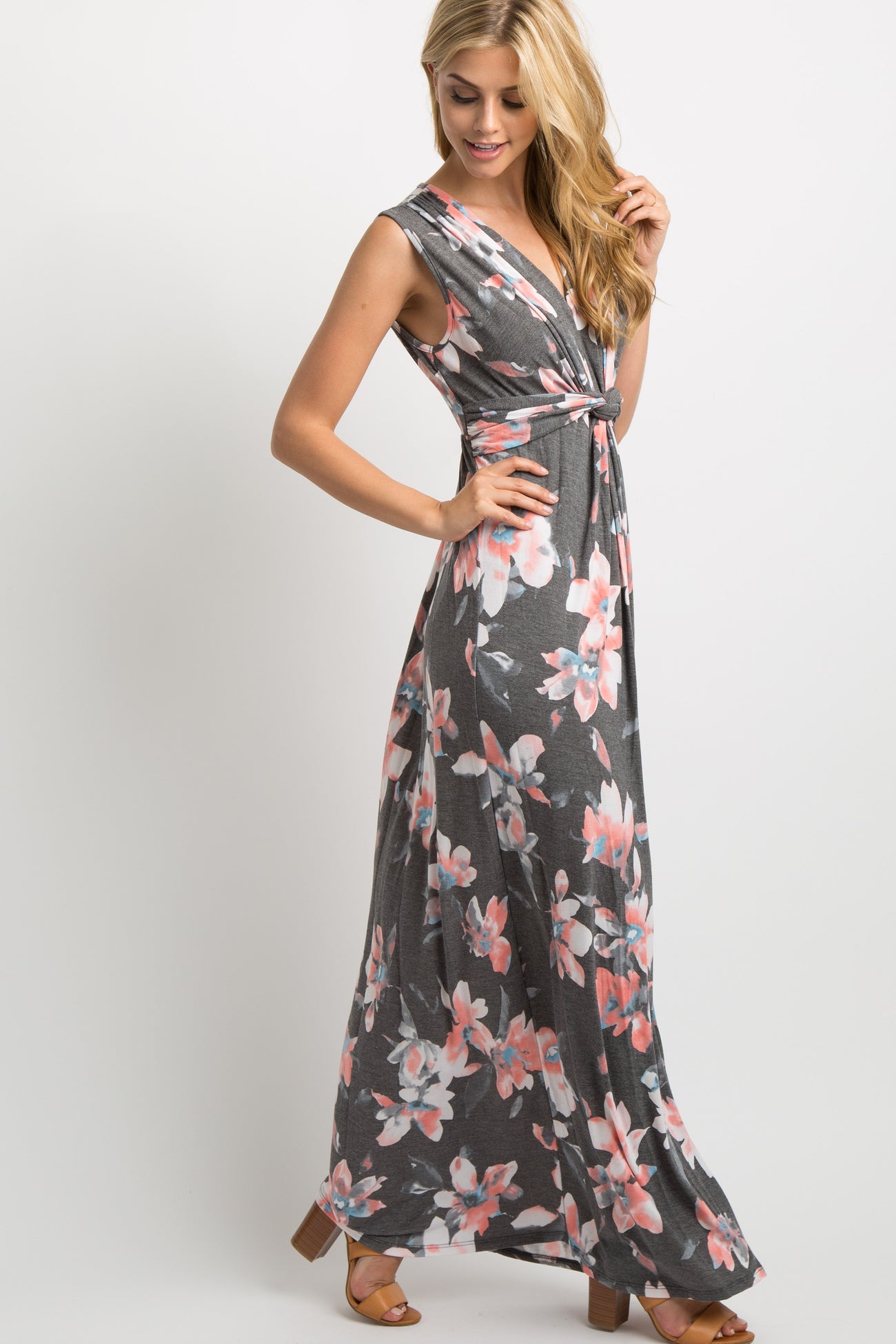 Charcoal Grey Floral Sleeveless Knot Front Maternity Maxi Dress – PinkBlush