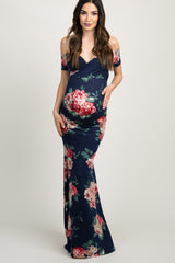 Navy Blue Floral Off Shoulder Wrap Maternity Photoshoot Gown/Dress