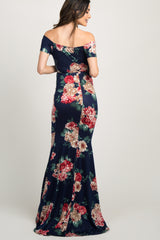 Navy Blue Floral Off Shoulder Wrap Maternity Photoshoot Gown/Dress