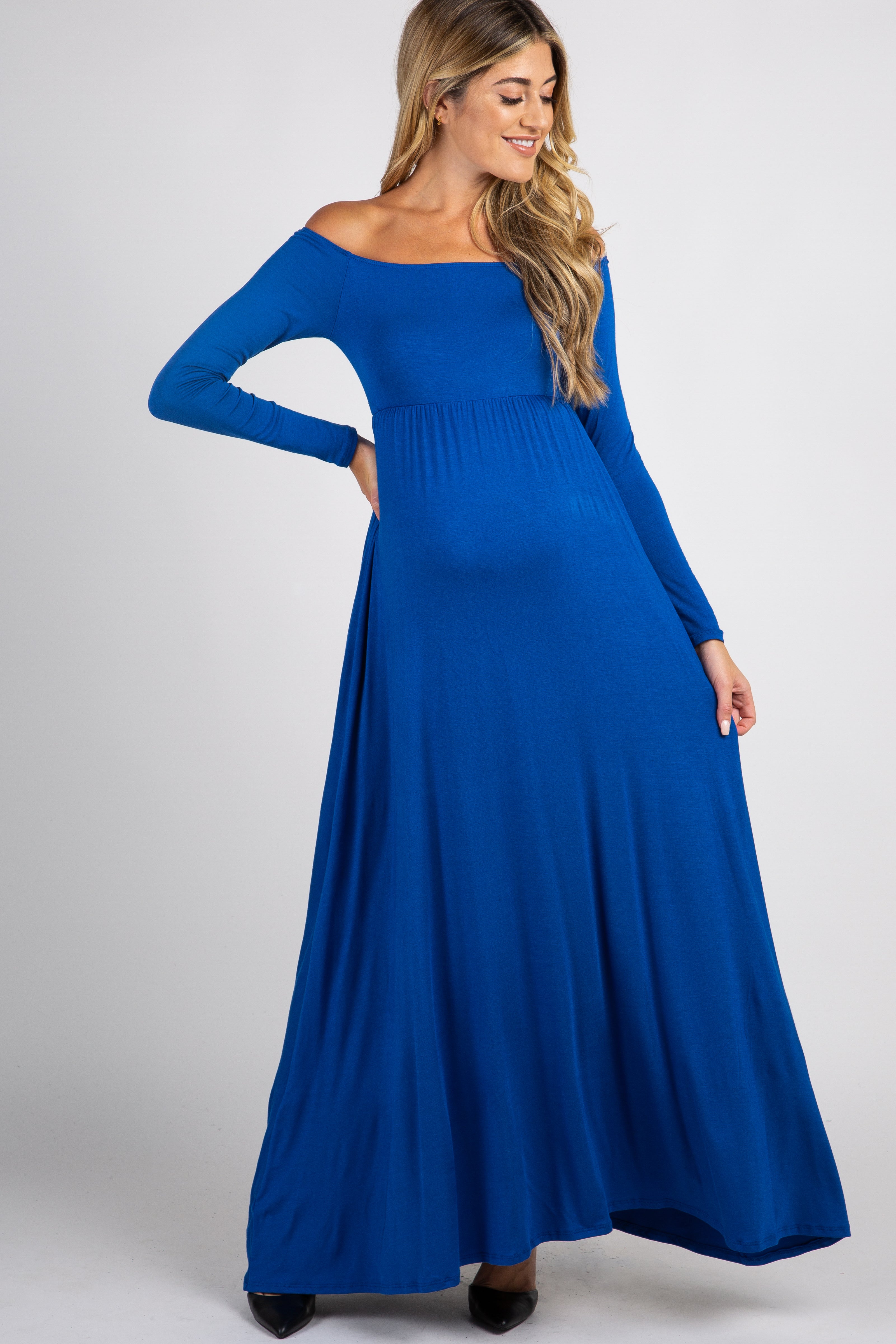 Royal Blue Solid Off Shoulder Maternity Maxi Dress– PinkBlush