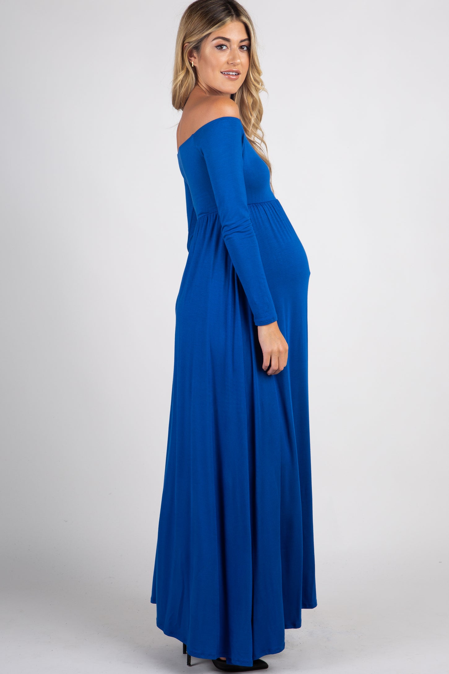 Petite Royal Blue Solid Off Shoulder Maternity Maxi Dress