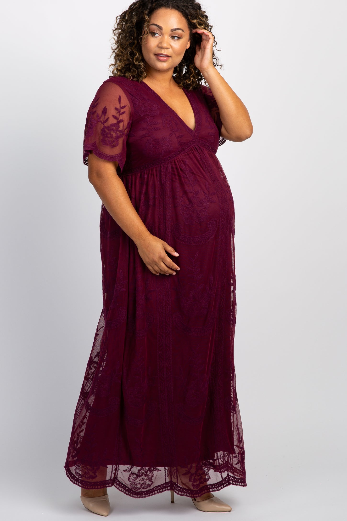 PinkBlush Burgundy Lace Mesh Overlay Plus Maternity Maxi Dress