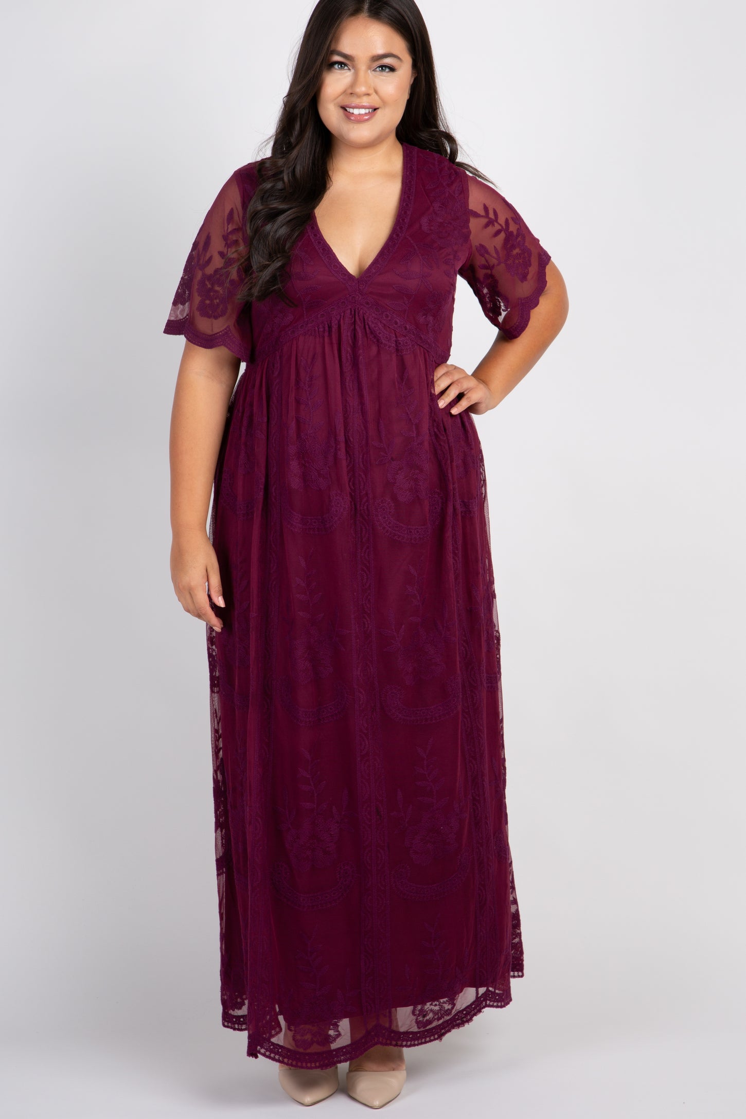 PinkBlush Burgundy Lace Plus Maternity Maxi Dress