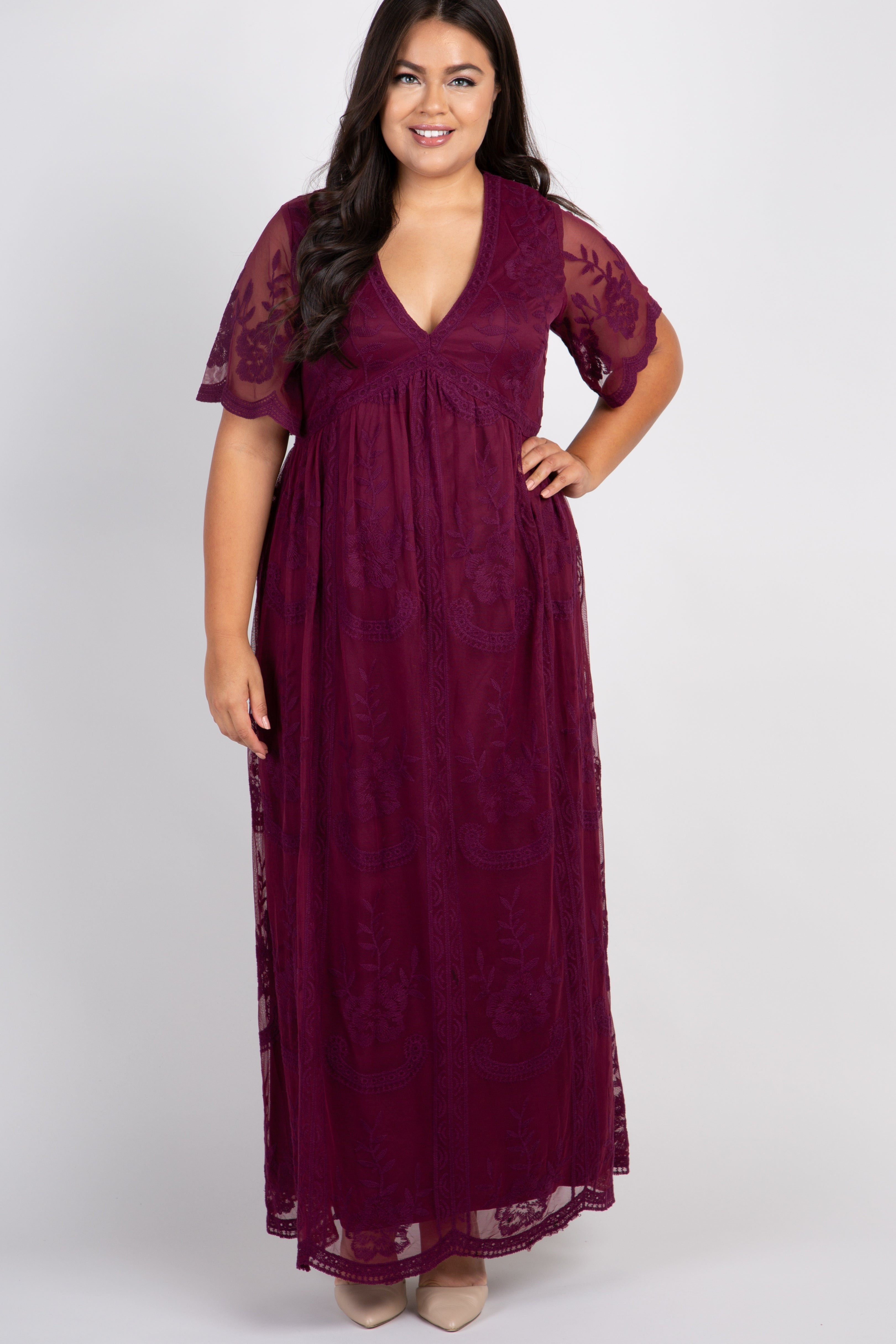 PinkBlush Burgundy Lace Mesh Overlay Plus Maxi Dress