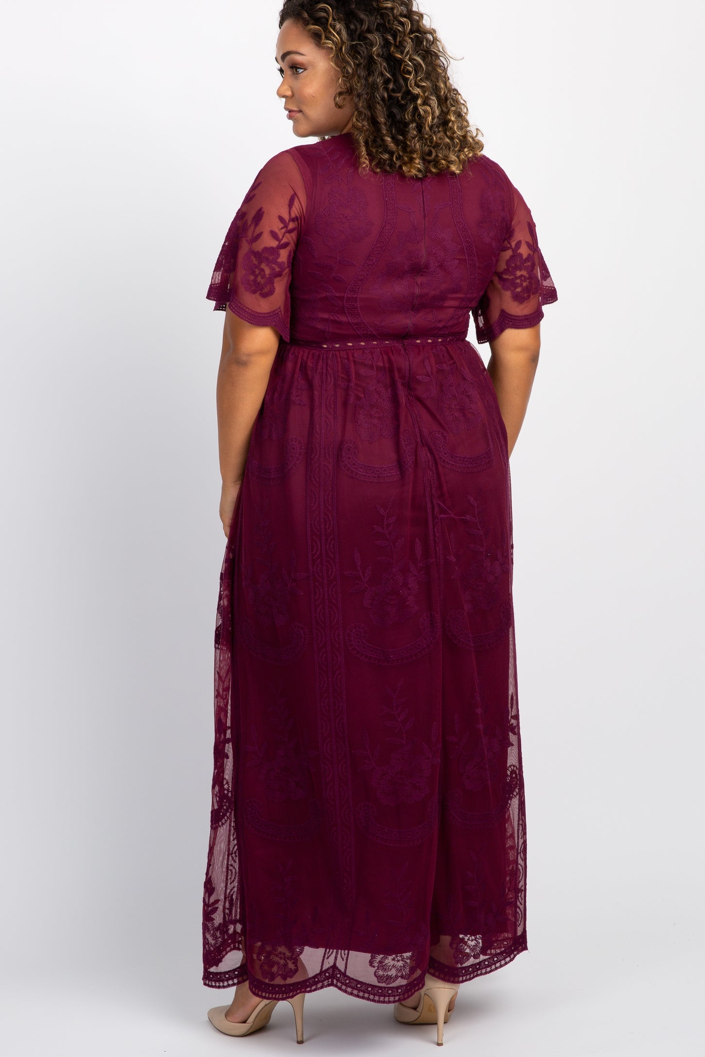pink blush burgundy lace dress Burgundy Lace Sweetheart Neck Short Sleeve Maternity Midi Dress PinkBlush