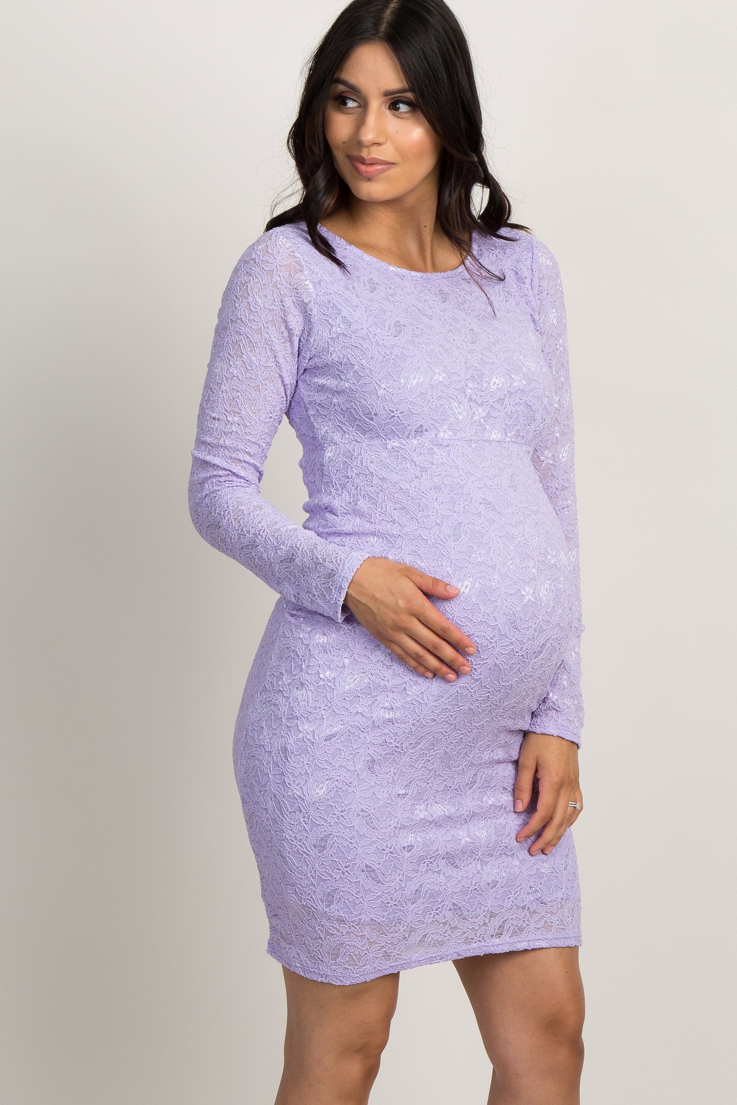 Lavender Lace Fitted Long Sleeve Maternity Dress