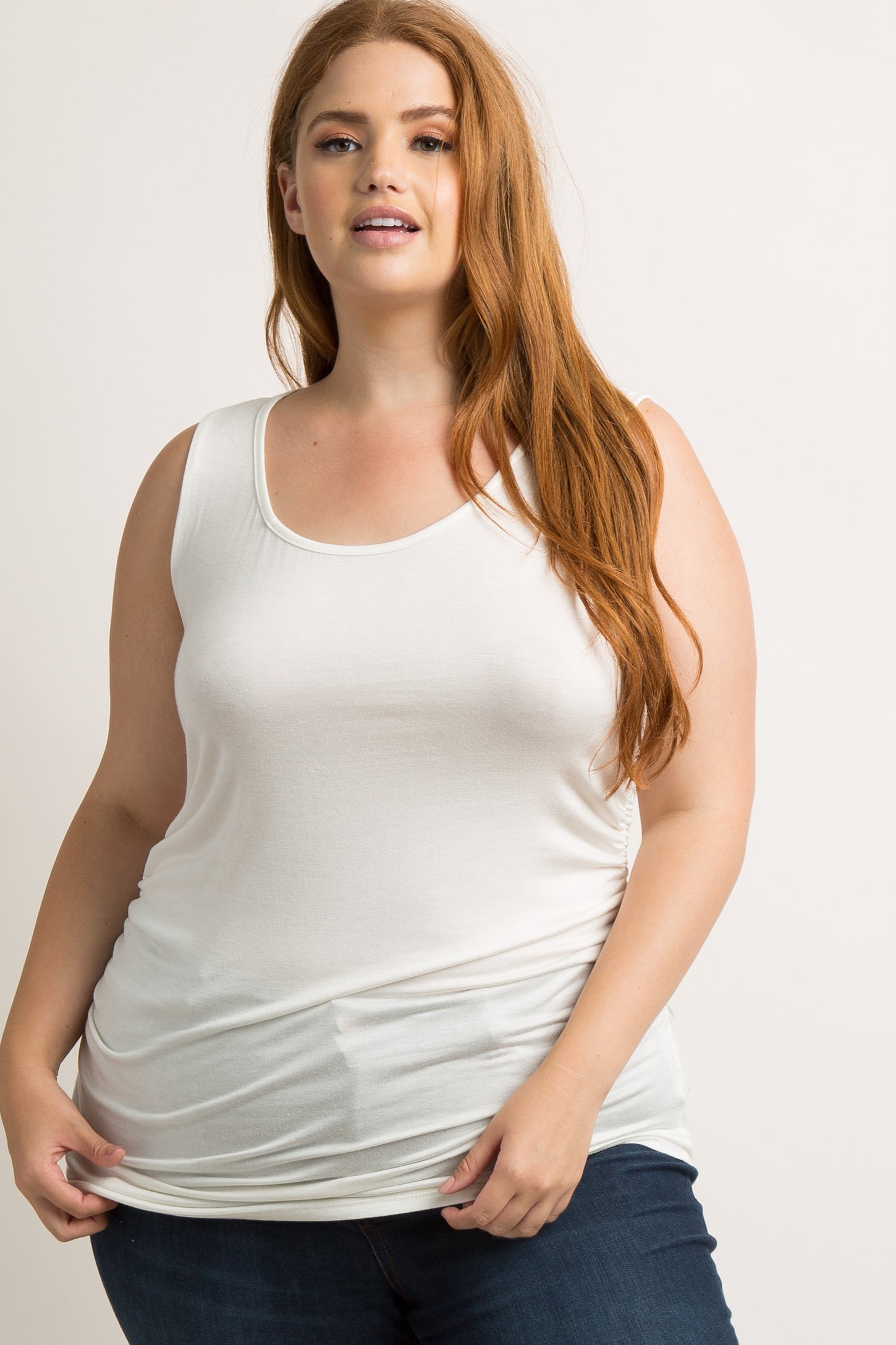 PinkBlush White Ruched Fitted Plus Tank Top