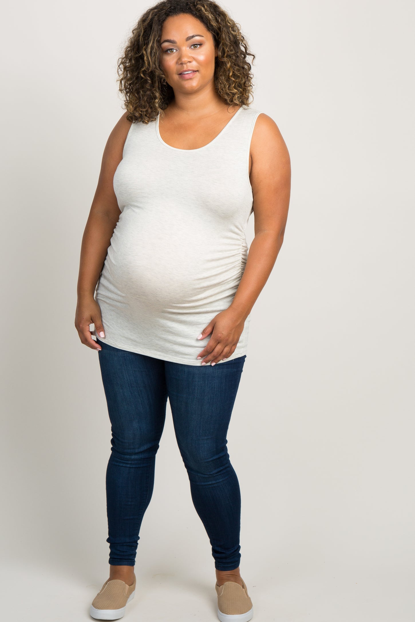 PinkBlush Beige Ruched Fitted Plus Maternity Tank Top