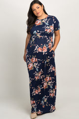 PinkBlush Navy Floral Short Sleeve Maternity Plus Maxi Dress